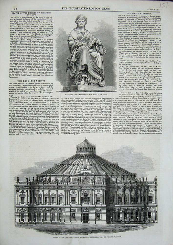 Old Antique Print 1859Statue Liberty Press Architecture Circus Equestrian 19th