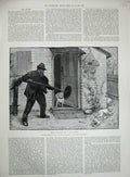 Original Old Antique Print 1891 Chimney Sweep Man Chasing Dogs House Mendoza