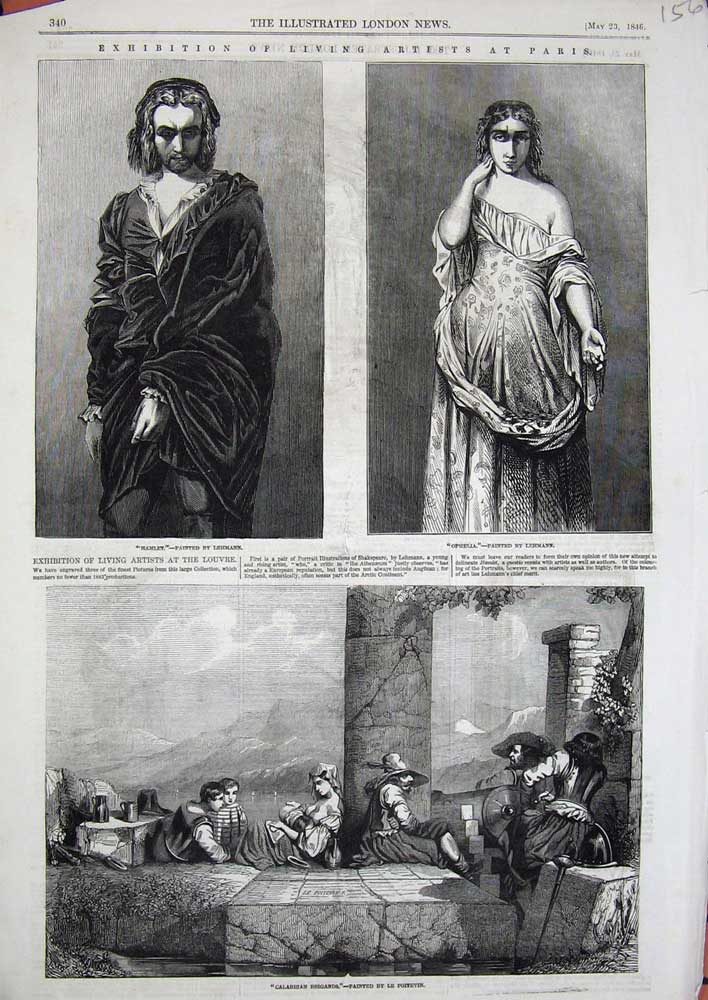 Old Antique Print 1846 Hamlet Ophelia Calabrian Brigands Paris Exhibition 19th