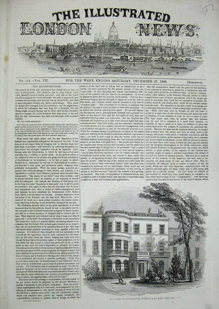 Original Old Antique Print 1845 Sir Robert Peel Whitehall Gardens London House
