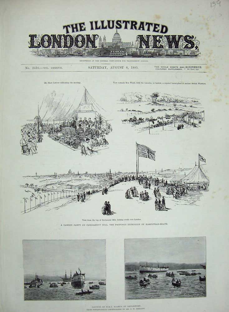 Old Antique Print 1885 Icarus Devonport Ship Garden Party Hampstead-Heath 19th