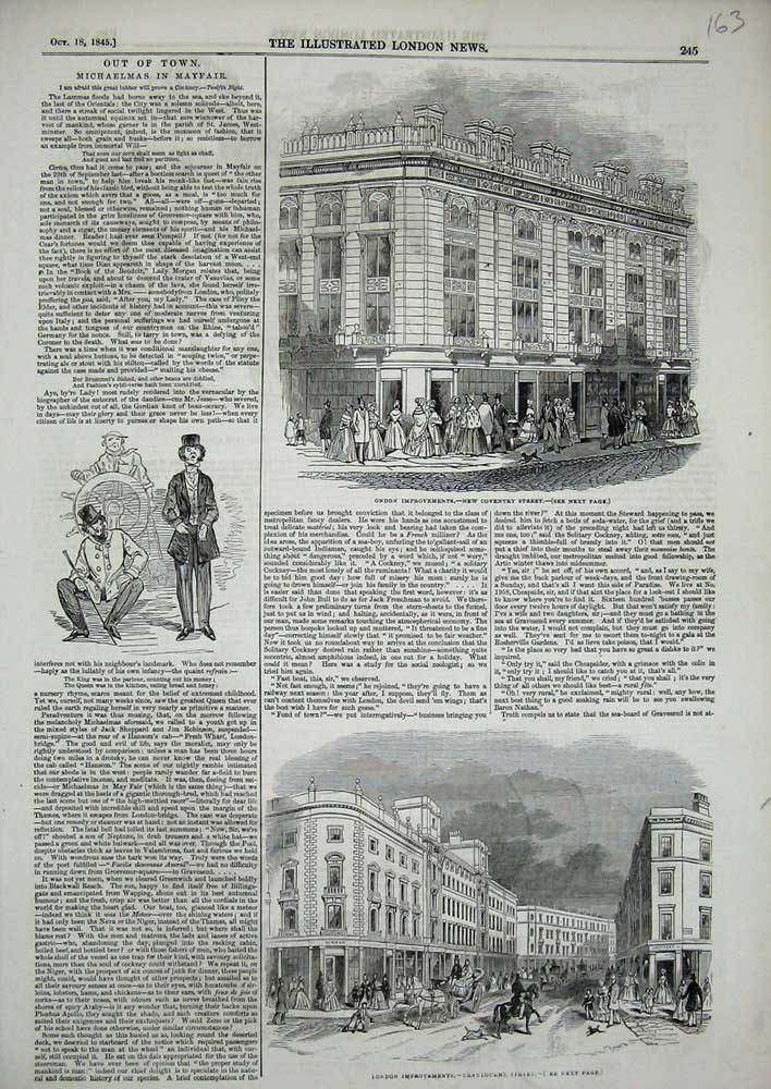 Original Old Antique Print 1845 Conventry Street Cranbourne London Architecture