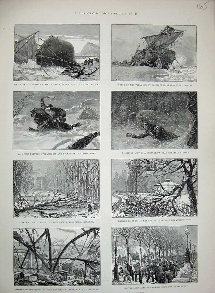 Original Old Antique Print 1887 Winter Storm Russian Ship Jousten Sier Thames