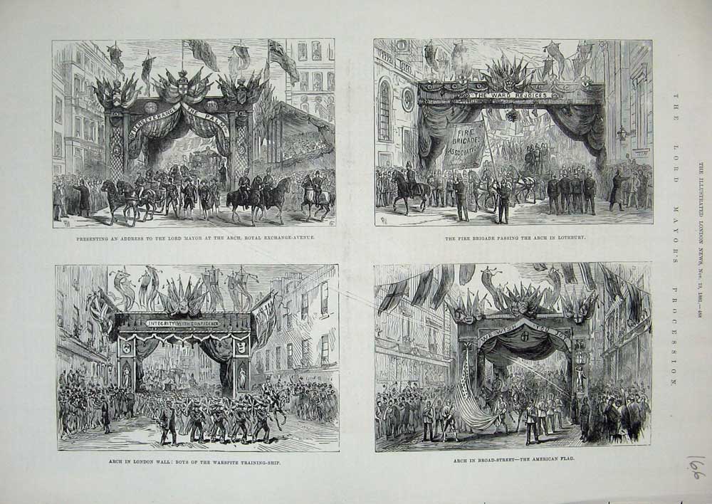 Old Antique Print 1881 Lord Mayor Procession Arch Lothbury Fire Brigade 19th