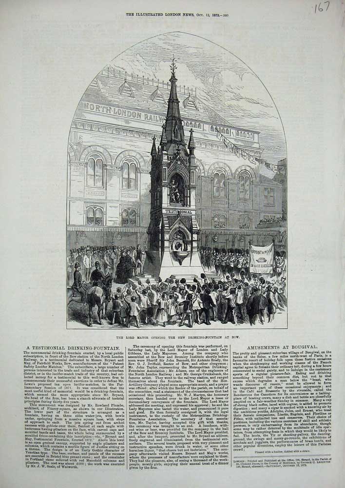 Original Old Antique Print 1872 Lord Mayor Drinking Fountain Bow Testimonial