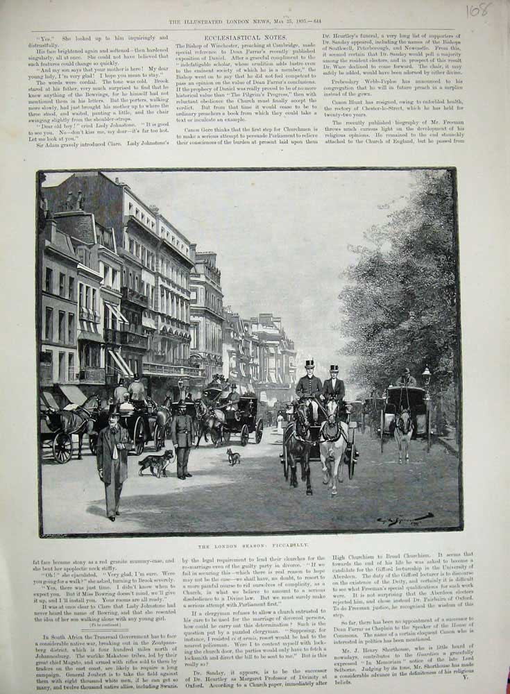 Old Antique Print 1895 London Street Piccadilly Buildings Horse Carriage 19th