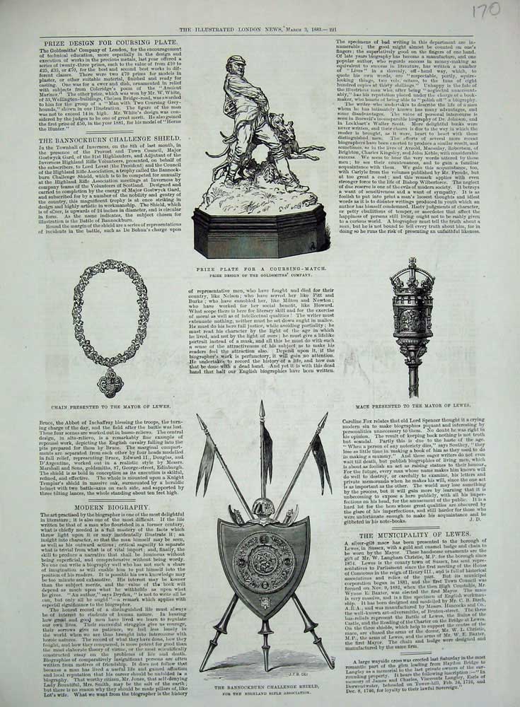Original Old Antique Print Bannockburn Shield 1883 Trophy Coursing Chain Mayor