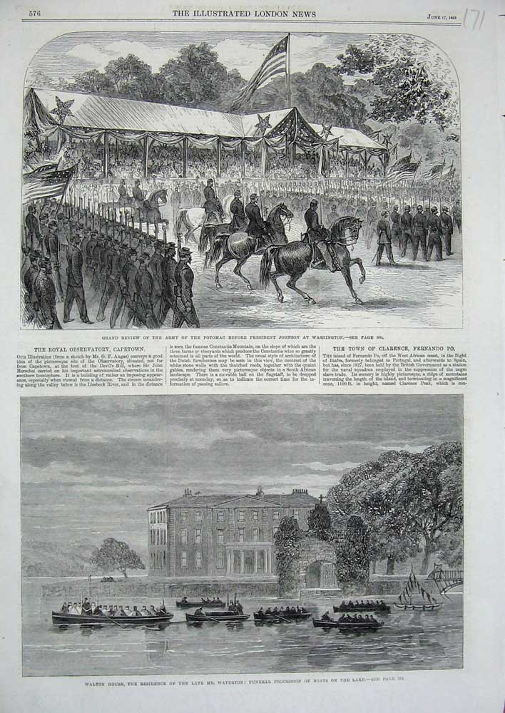 Original Old Antique Print 1865 Walton House Waterton Funeral Potomac Johnson