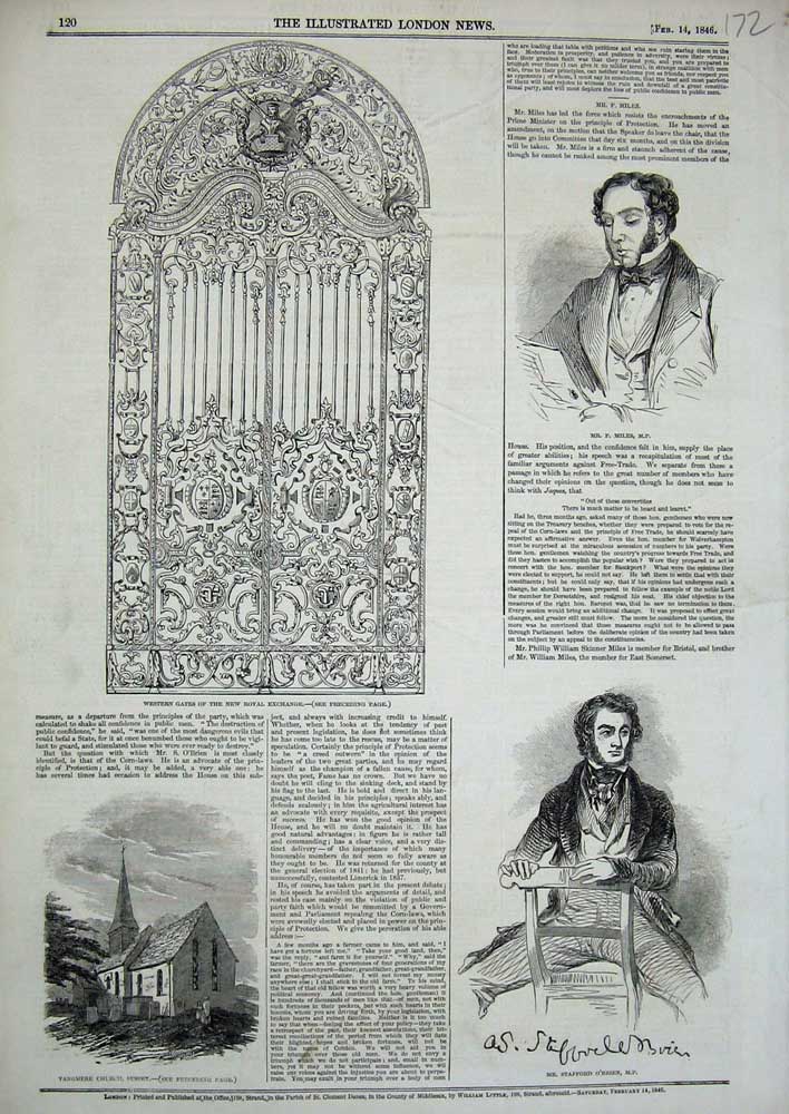Old Antique Print Western Gate Royal Exchange 1846 Miles O'Brien Church 19th
