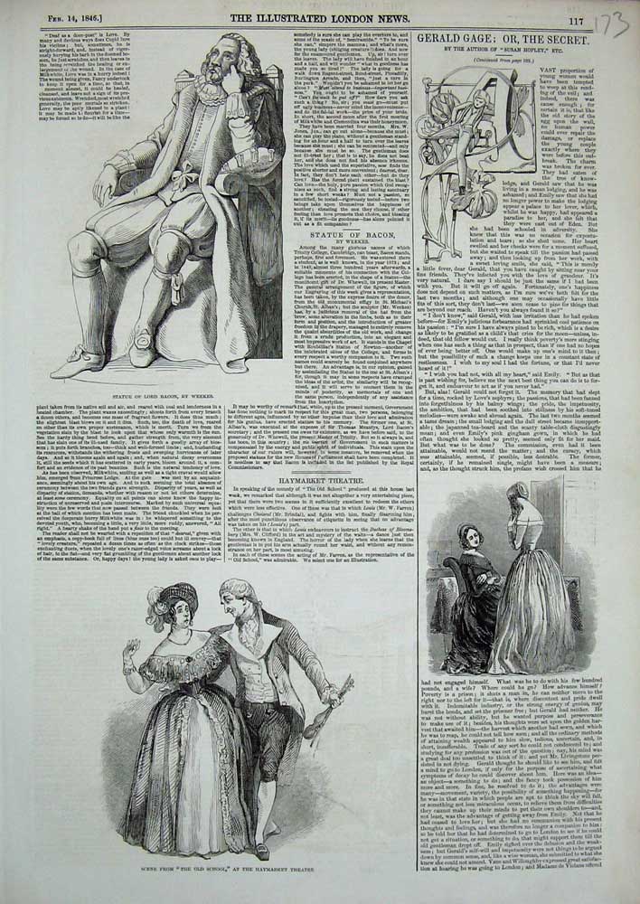 Old Antique Print 1846 School Haymarket Theatre Staute Lord Bacon Weekes 19th
