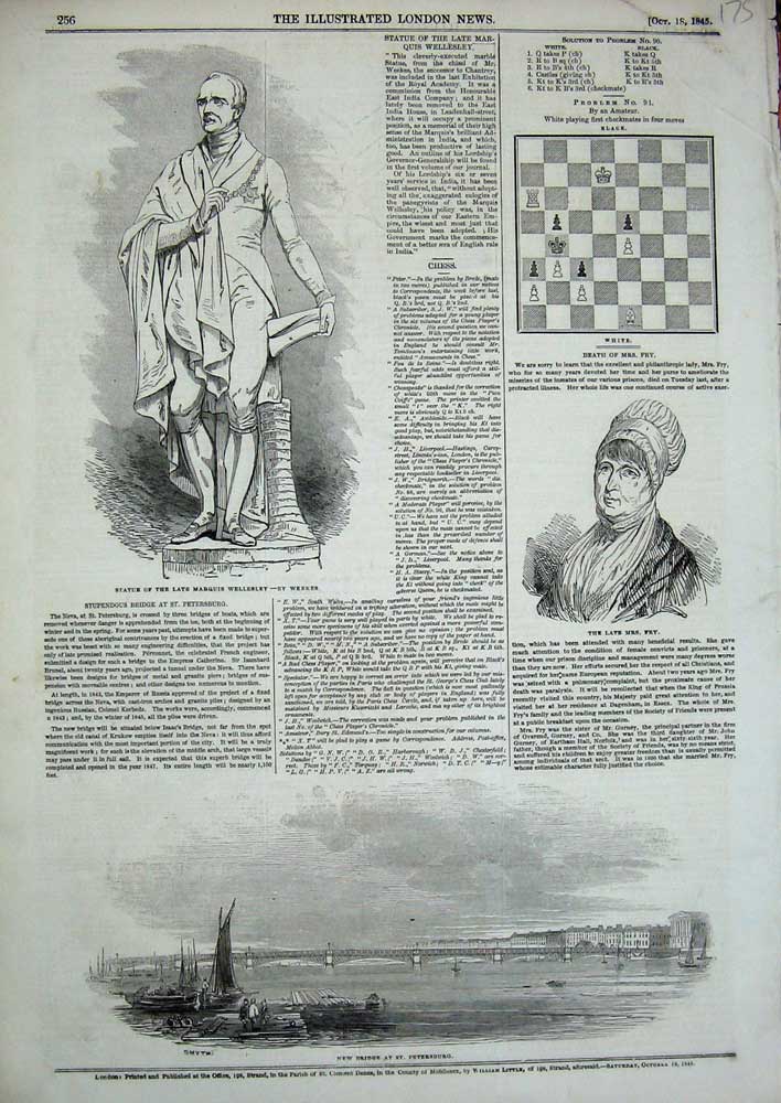 Old Antique Print Bridge Petersburg Russia Mrs Fry Statue Wellesley 1845 19th