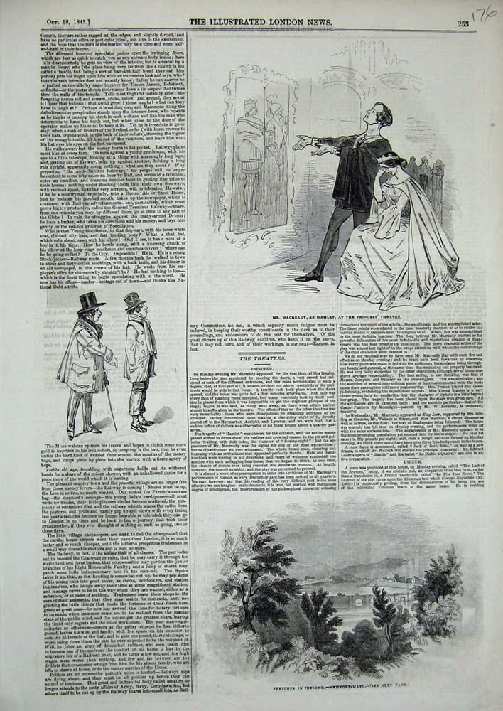 Original Old Antique Print 1845 Ireland Newport Mayo Hamlet Princess Theatre