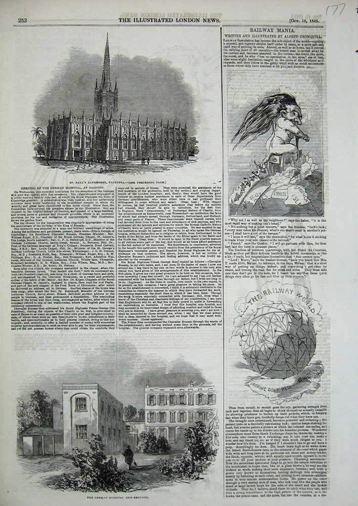 Old Antique Print 1845 Paul'S Cathedral Calcutta German Hospital Grounds 19th