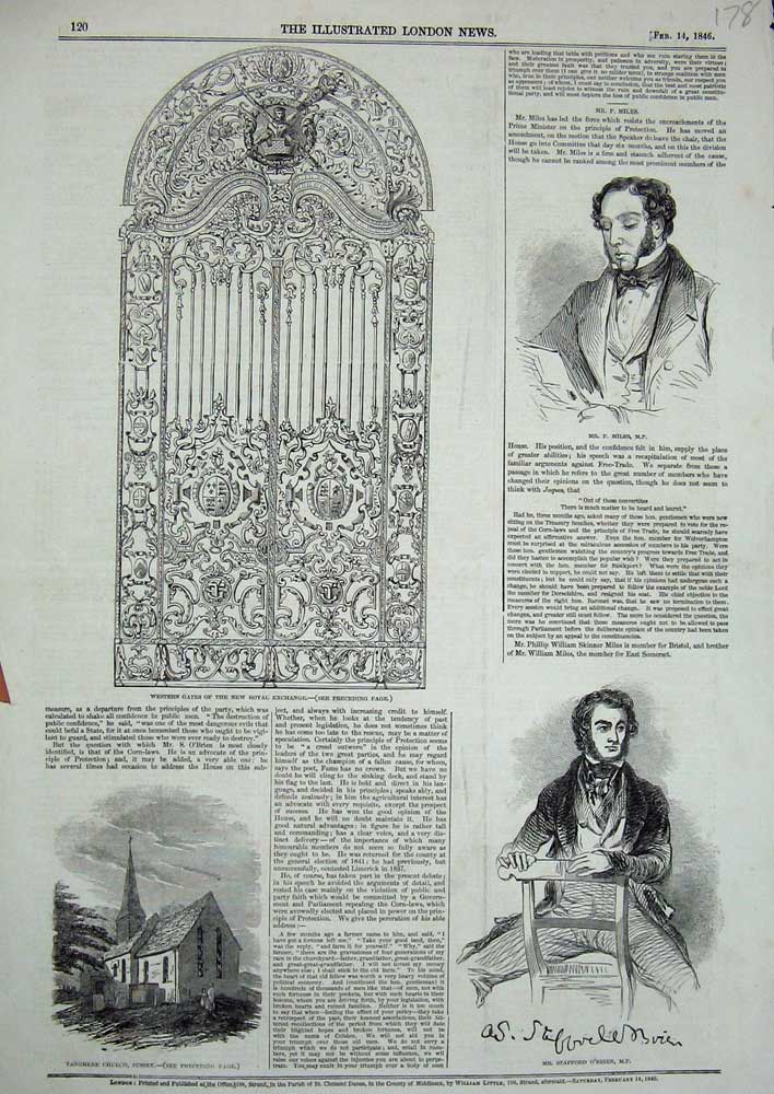 Old Antique Print 1846 Tangmere Church Essex O'Brien Miles Royal Exchange 19th