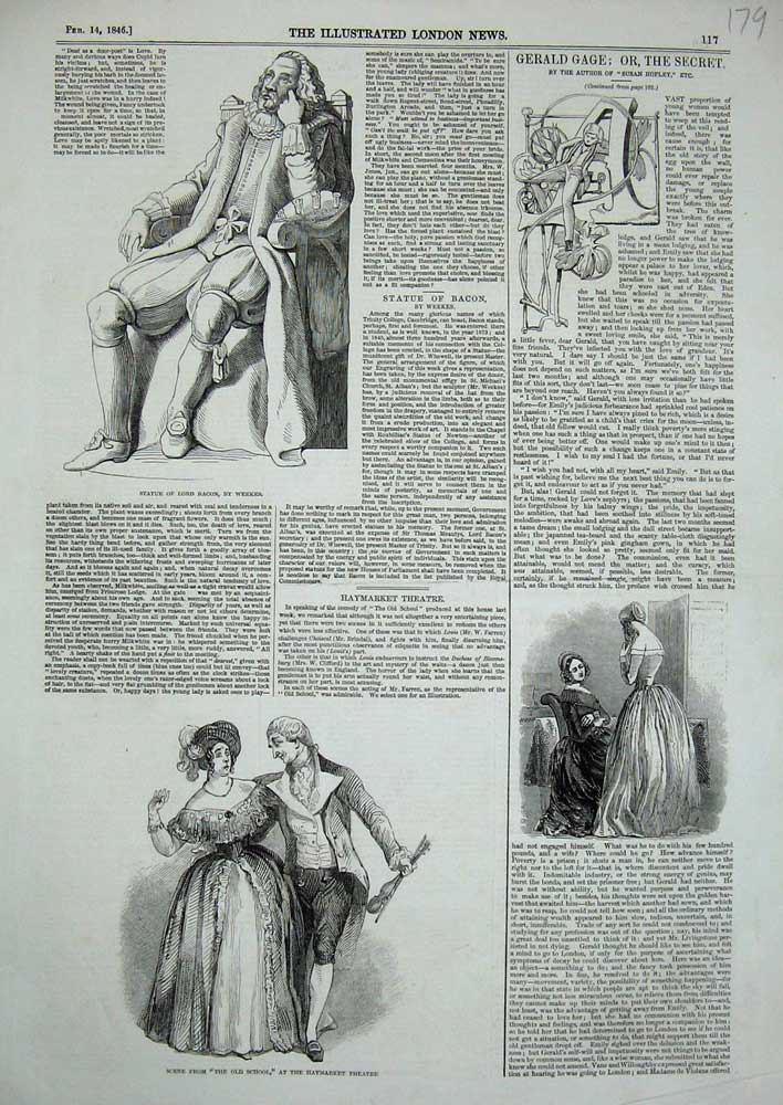 Original Old Antique Print 1846 Statue Lord Bacon School Haymarket Theatre 19th