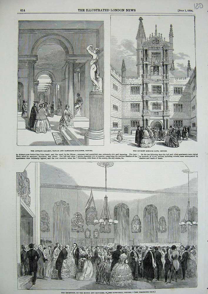 Original Old Antique Print 1854 Gallery Oxford Divinity School Mayor Hall 19th