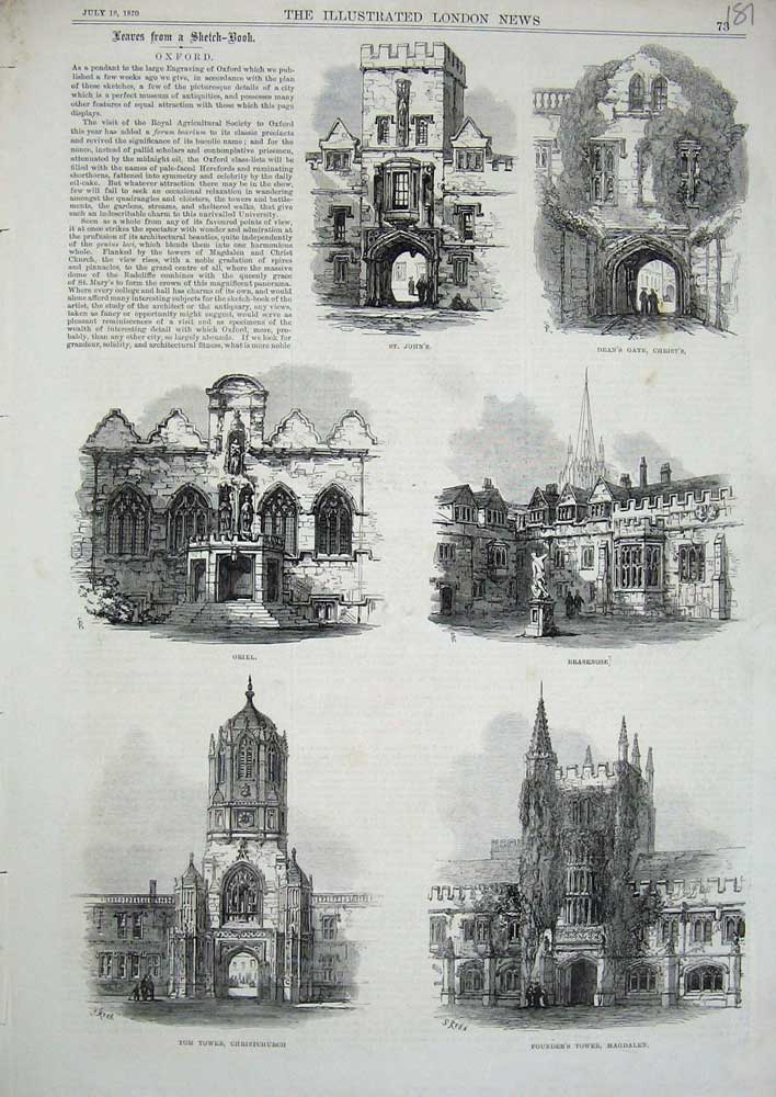 Original Old Antique Print 1870 Oxford Tower Magdalen Christchurch Oriel Dean'S