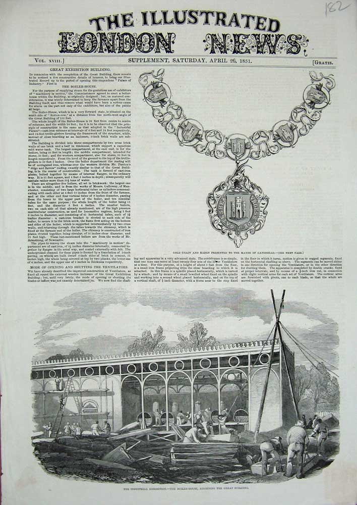 Original Old Antique Print 1851 Boiler House Exhibition GChain Mayor Gateshead