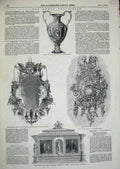Old Antique Print 1852 Exhibition Jewel Case Duchess Sutherland Wood Vase 19th