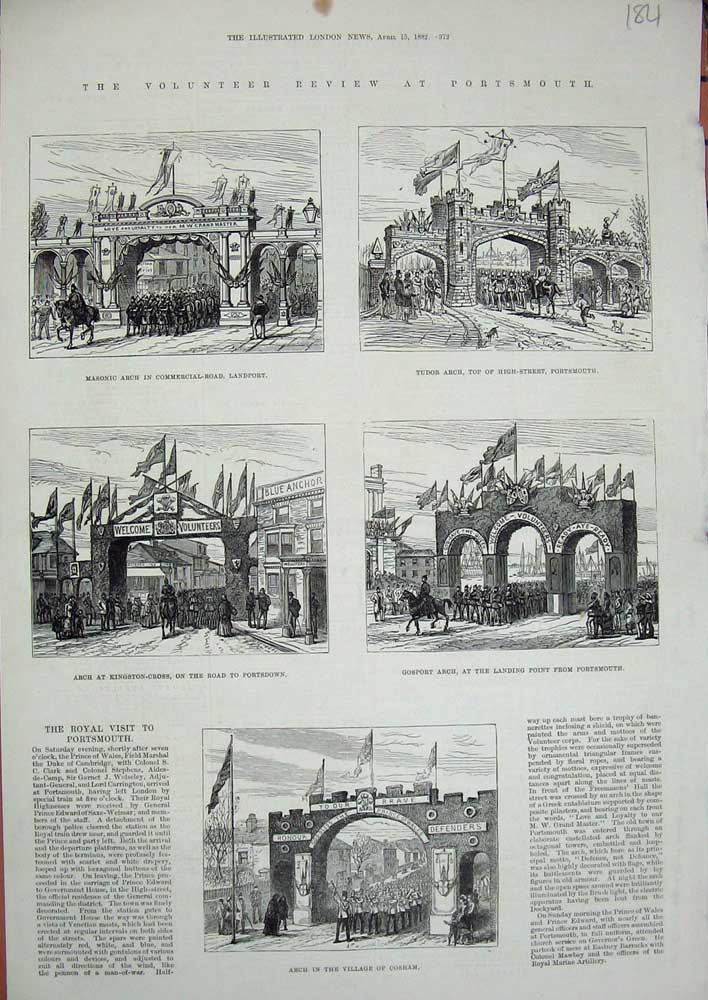 Original Old Antique Print Portsmouth 1882 Arch Cosham Gosport Masonic Tudor