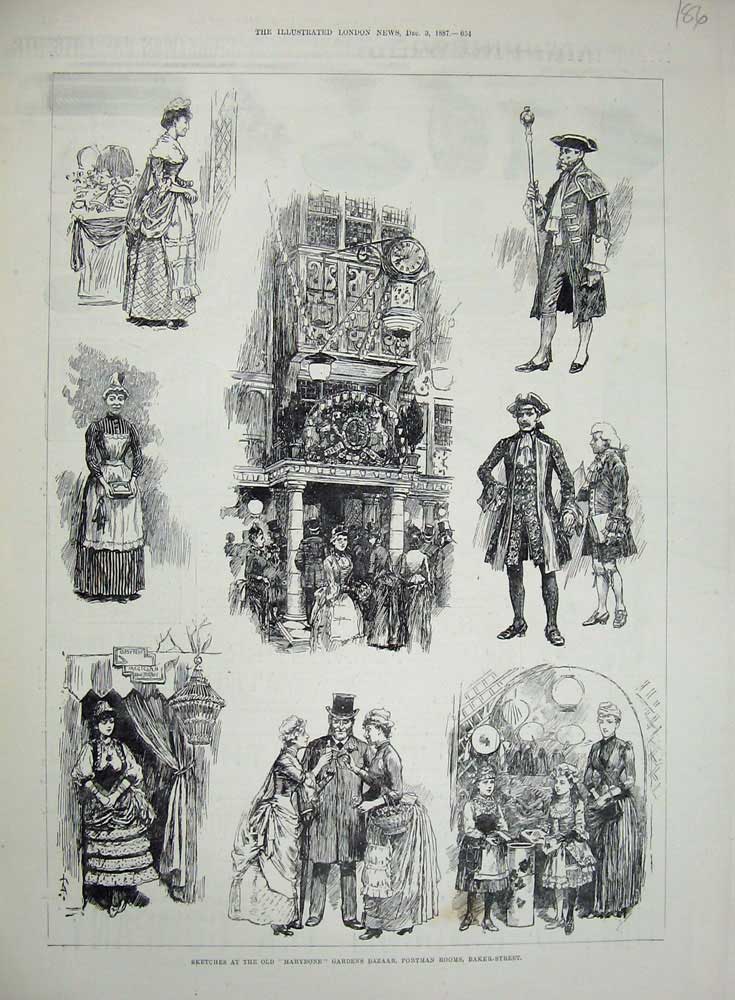 Old Antique Print Marybone Gardens Bazaar Portman Rooms Baker Street 1887 19th