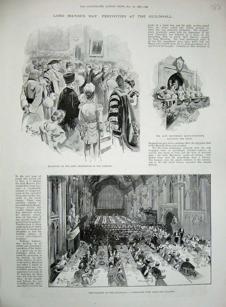 Old Antique Print 1893 Banquet Guildhall Lord Chancellor Library Mayoress 19th