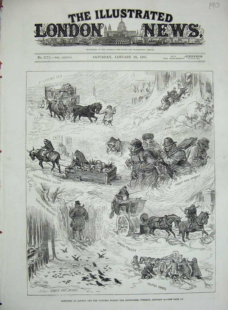 Original Old Antique Print 1881 London Suburbs Snowstorm Rooks Horses Sledge