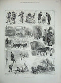 Old Antique Print Frosty Winter 1883 Horse Cart Oxford Street Busses Ice 19th