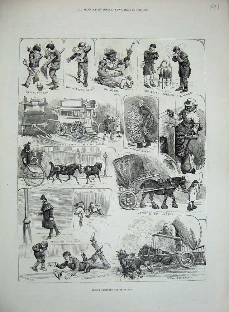 Old Antique Print Frosty Winter 1883 Horse Cart Oxford Street Busses Ice 19th