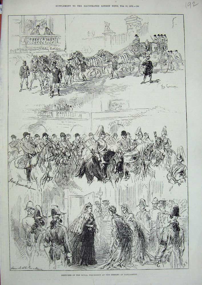Original Old Antique Print 1876 Royal Procession Opening Parliament Queen Horse