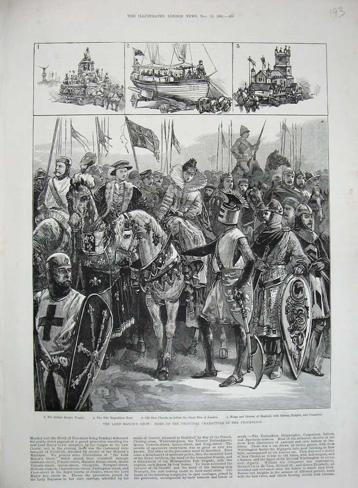 Original Old Antique Print 1884 Lord Mayor Indian Trophy Bow Church King Queen