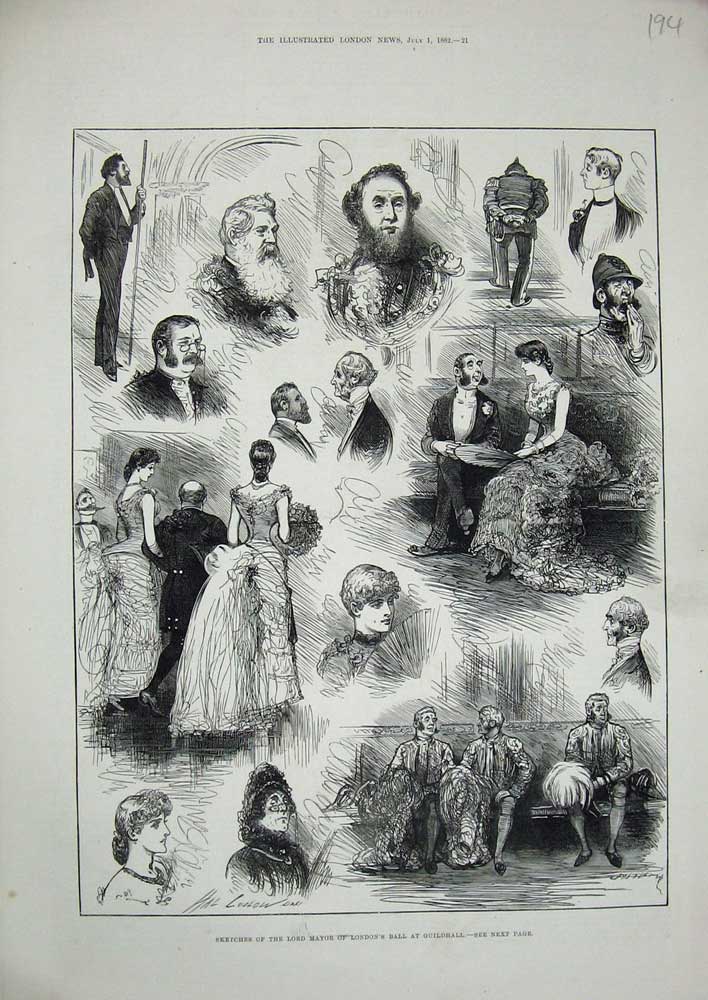 Original Old Antique Print 1882 Lord Mayor London Ball Guilhall Dancing Romance