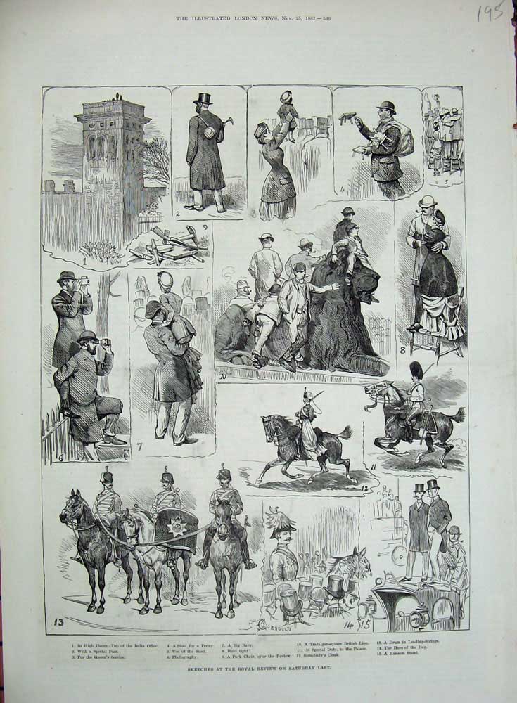 Original Old Antique Print 1882 Royal Review India Office Trafalgar Square Lion