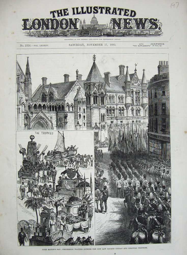 Old Antique Print 1883 Lord Mayor Procession Law Courts Trophies Indian 19th