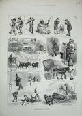 Old Antique Print Frosty Winter Ice 1883 Oxford Street Busses Horses Cart 19th