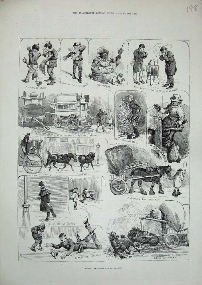 Old Antique Print Frosty Winter Ice 1883 Oxford Street Busses Horses Cart 19th