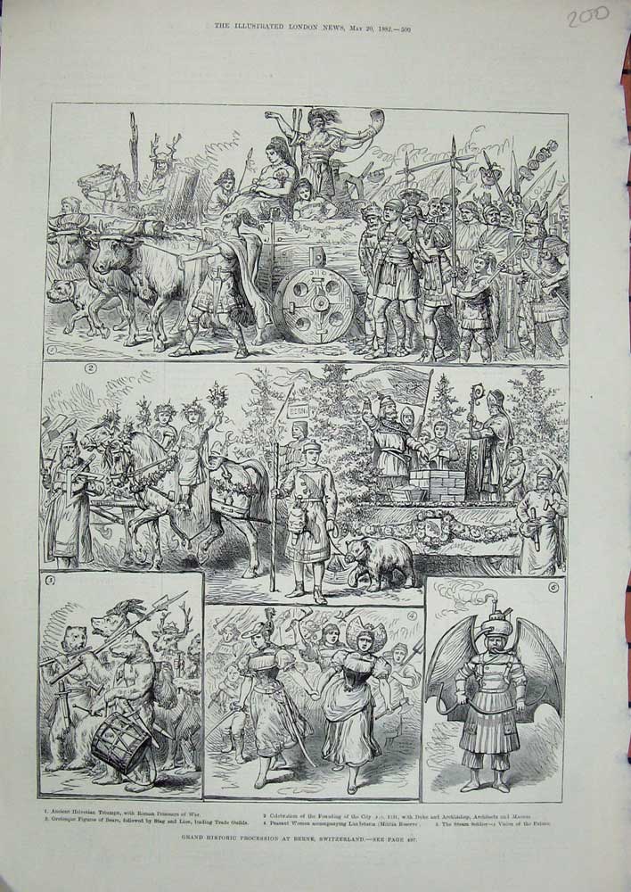 Old Antique Print 1882 Grand Historic Procession Berne Switzerland Masoas 19th