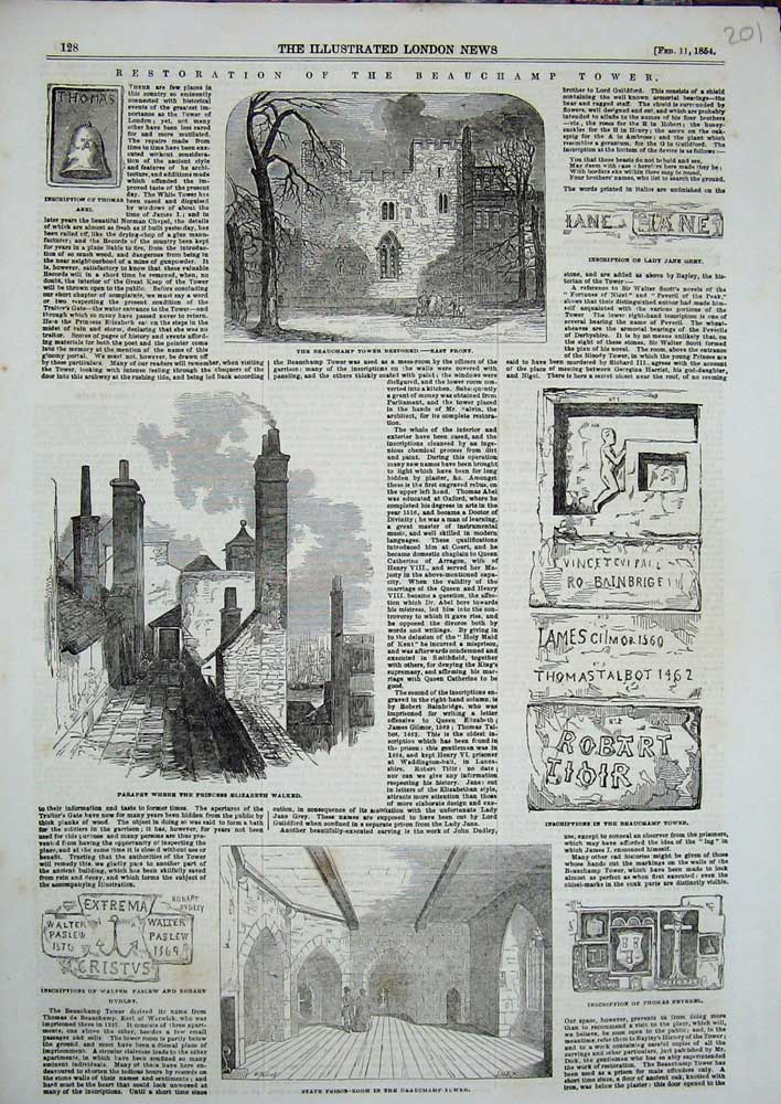 Original Old Antique Print 1854 Prison Beauchamp Tower Parapet Thomas Abel Grey