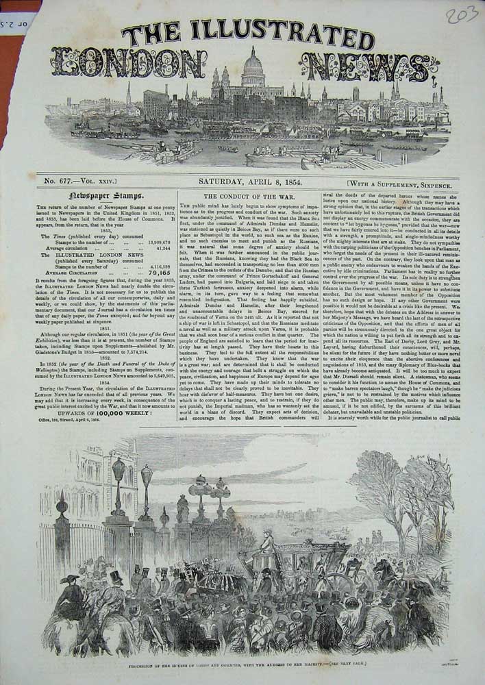 Original Old Antique Print Procession Houses Lords Commons 1854 Majesty Queen