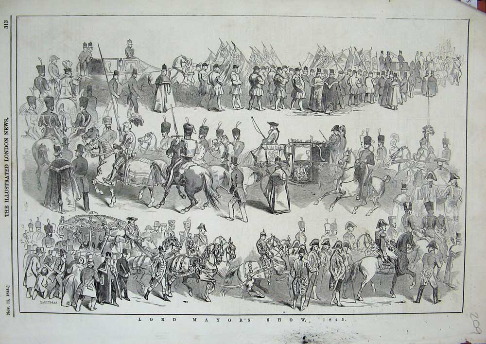 Original Old Antique Print 1845 Lord Mayors Show Horses Carriage Queen Guards