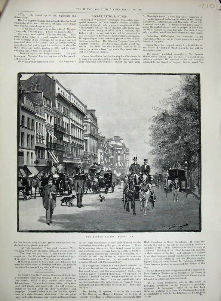 Old Antique Print 1895 London Season Piccadilly Buildings Horses Carriage 19th