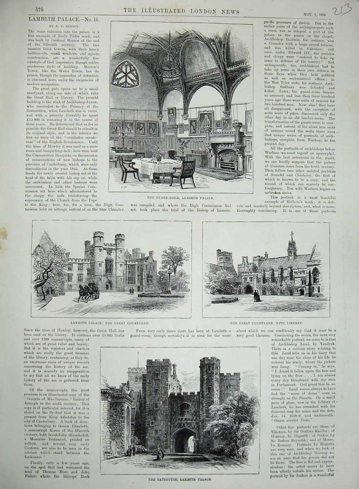 Original Old Antique Print 1894 Guard Room Lambeth Palace Courtyard Gatehouse