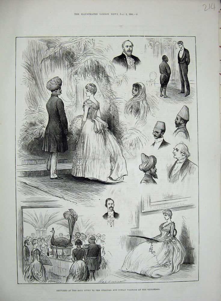 Original Old Antique Print 1886 Ball Colonial Indian Visitors Guildhall Ludlow