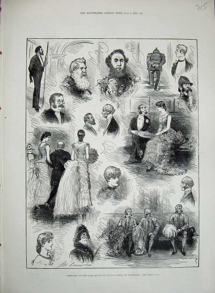 Old Antique Print 1882 Lord Mayor London Ball Guildhall Romance Men Lady 19th