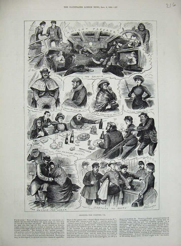 Old Antique Print 1884 English Channel Passenger Ship Transport Sailing 19th
