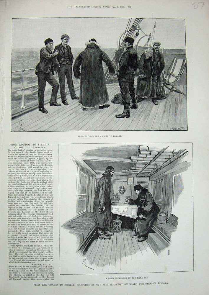 Original Old Antique Print 1890 Passenger Ship Sailing Steamer Biscaya Kara Sea