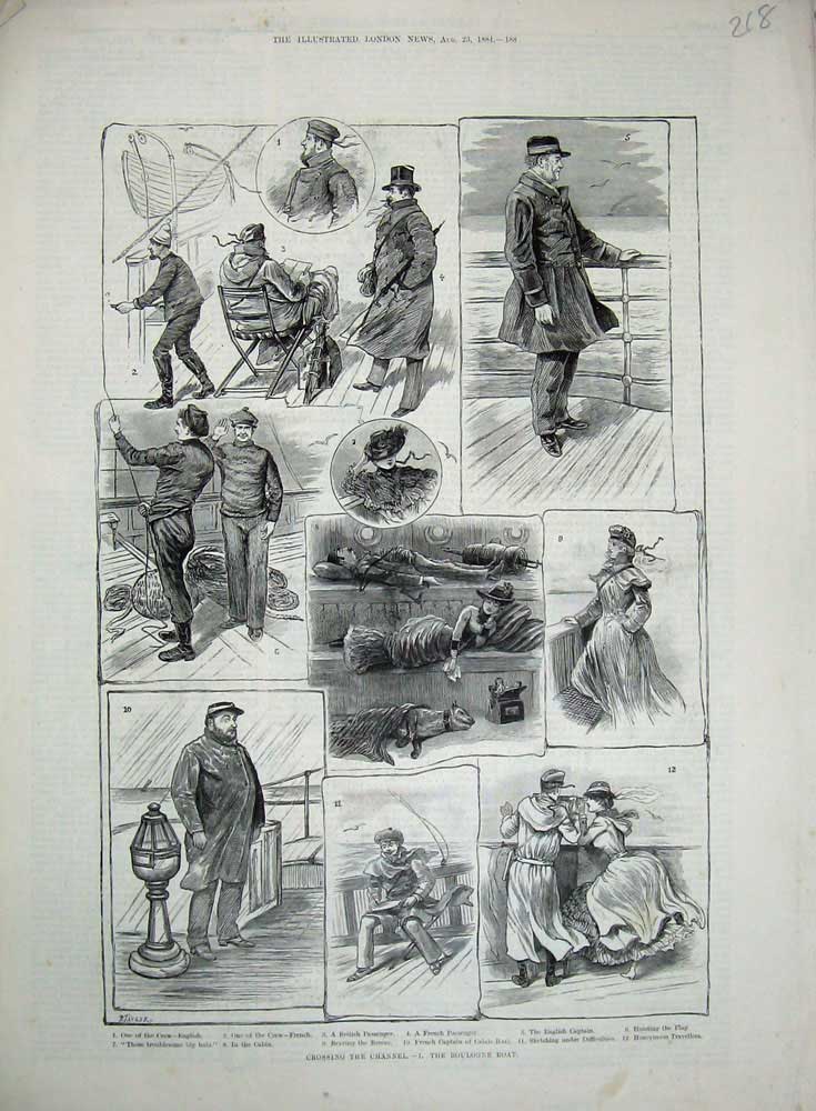 Original Old Antique Print 1884 Boulogne Boat Passenger Sailing English Cannel