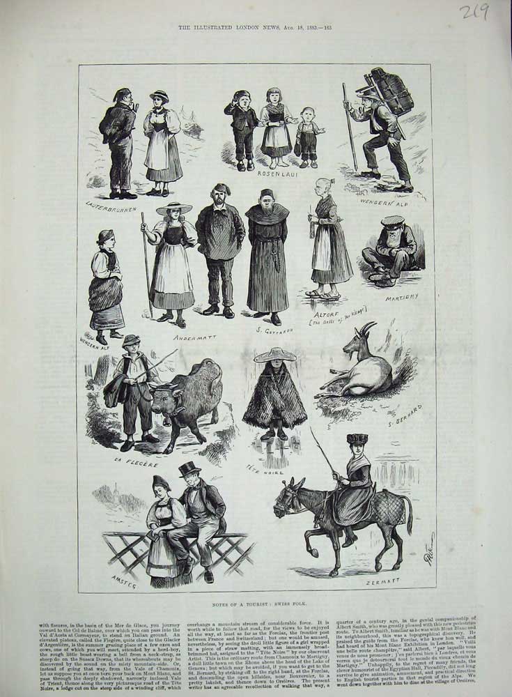 Old Antique Print 1883 Swiss Folk Tourist Alp Goat Wengern People Horse 19th