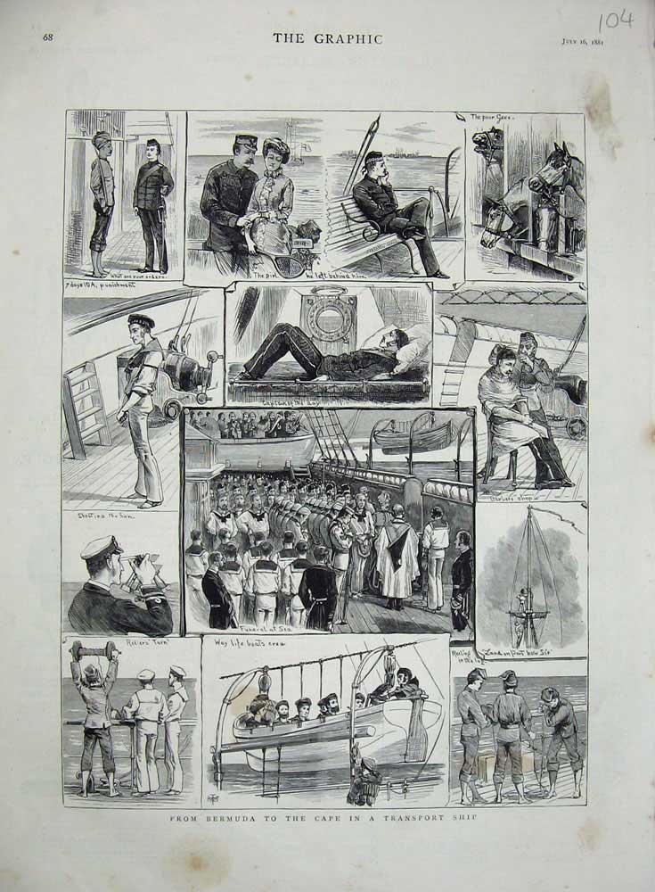 Old Antique Print 1881 Bermuda Cape Transport Ship Horses Funeral Boats 19th