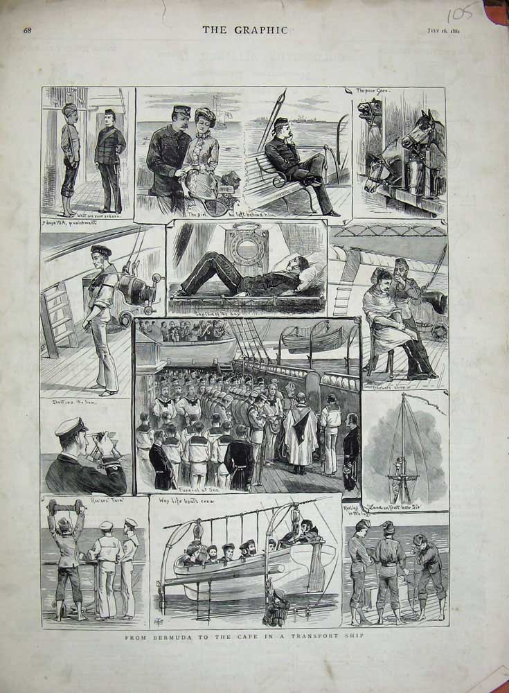 Old Antique Print Bermuda Cape Transport Ship 1881 Funeral Sailors Horse 19th